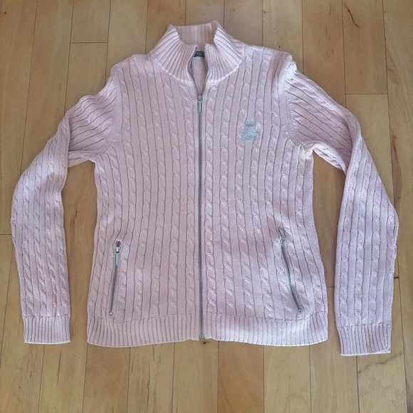 Lauren Ralph Lauren Pink Cable Knit Full Zip Sweater Silver Crest Logo Sz M - Picture 2 of 11